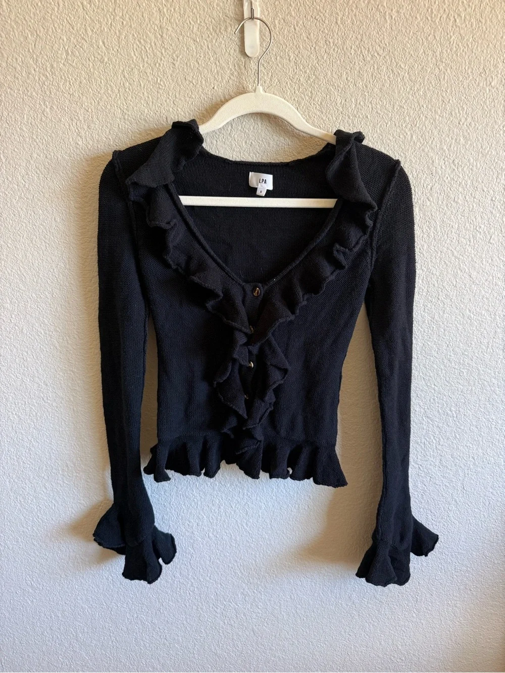 LPA Black Ruffle Sweater Cardigan Cotton and Silk Blend Button Front Size Small - Picture 3 of 8